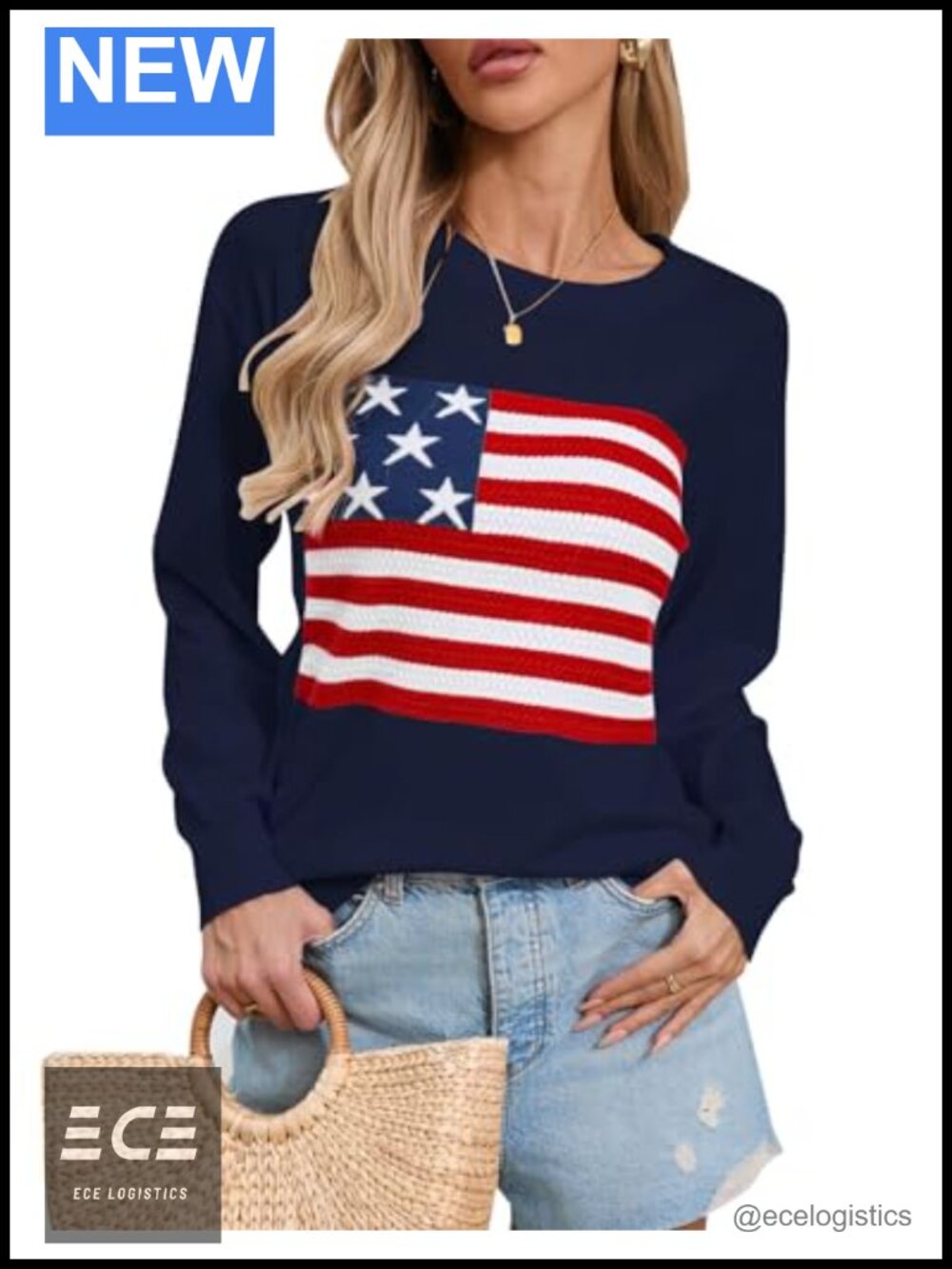 Soft Long Sleeve Crew Neck American Flag Pullover Sweater